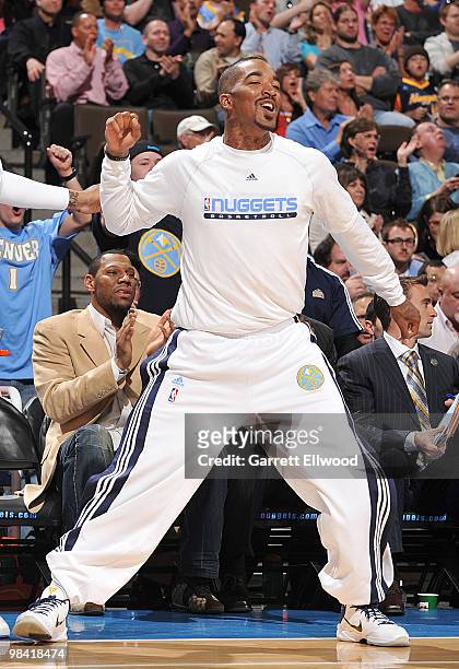 Smith of the Denver Nuggets reacts to a play against the Memphis Grizzlies on April 12, 2010 at the Pepsi Center in Denver, Colorado. NOTE TO USER:...