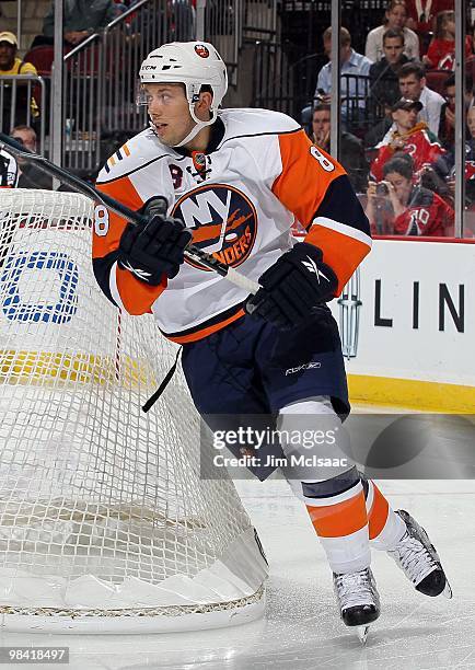 Bruno Gervais of the New York Islanders skates against the New Jersey Devils at the Prudential Center on April 10, 2010 in Newark, New Jersey.