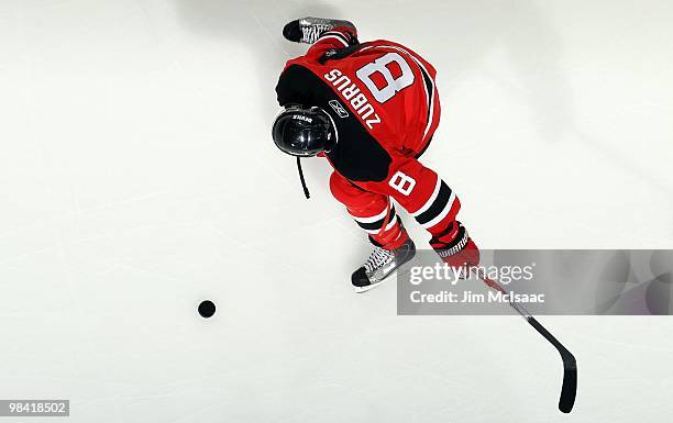 Dainius Zubrus of the New Jersey Devils warms up before playing against the New York Islanders at the Prudential Center on April 10, 2010 in Newark,...