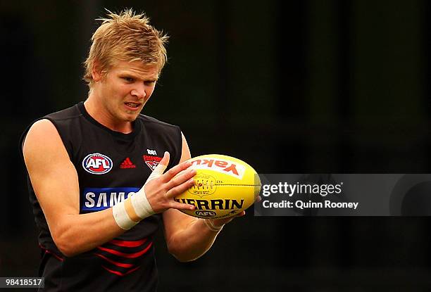 Michael Hurley of the Bombers marks during the Essendon Bombers AFL training session at Windy Hill on April 13, 2010 in Melbourne, Australia.