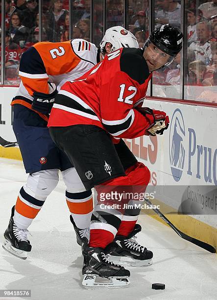 Brian Rolston of the New Jersey Devils skates against the New York Islanders at the Prudential Center on April 10, 2010 in Newark, New Jersey.