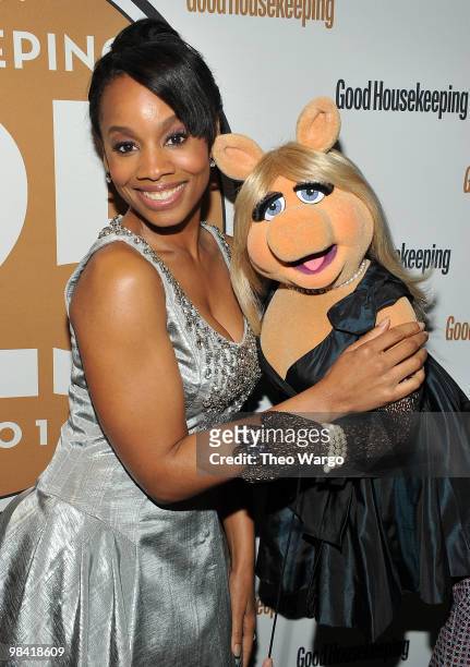 Anika Noni Rose and Miss Piggy pose backstage during Good Housekeeping's "Shine On" 125 years of Women Making Their Mark at New York City Center on...