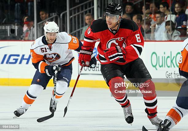 Dainius Zubrus of the New Jersey Devils skates against the New York Islanders at the Prudential Center on April 10, 2010 in Newark, New Jersey.