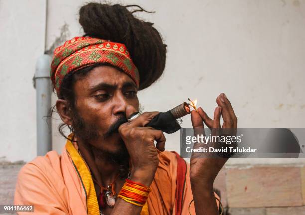 hindu monk smoking marijuana - david talukdar stockfoto's en -beelden
