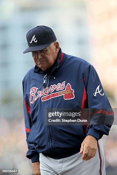 Manager Bobby Cox of the Atlanta Braves returns to the dugout after making a pitching change in the game with the San Diego Padres on April 12, 2010...