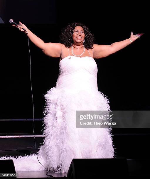 Aretha Franklin performs onstage during Good Housekeeping's "Shine On" 125 years of Women Making Their Mark at New York City Center on April 12, 2010...
