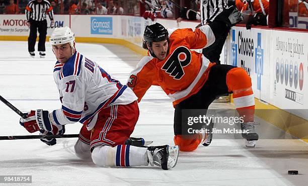 Daniel Carcillo of the Philadelphia Flyers skates against Brandon Dubinsky of the New York Rangers on April 11, 2010 at Wachovia Center in...