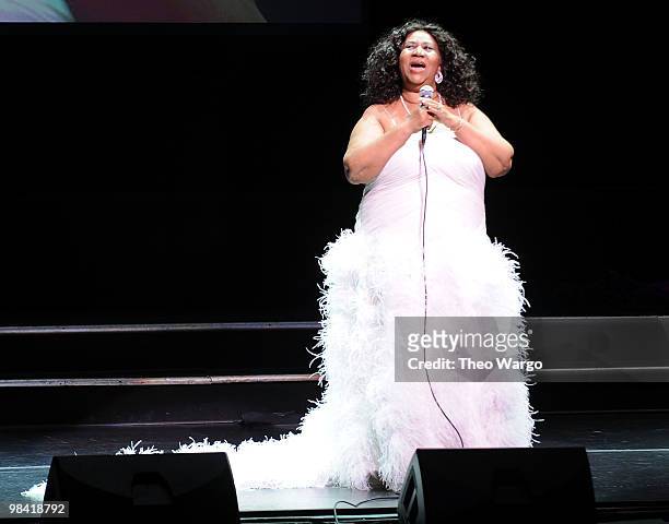 Aretha Franklin performs onstage during Good Housekeeping's "Shine On" 125 years of Women Making Their Mark at New York City Center on April 12, 2010...