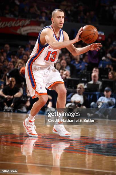 Sergio Rodriguez of the New York Knicks passes against the Washington Wizards on April 12, 2010 at Madison Square Garden in New York City. NOTE TO...