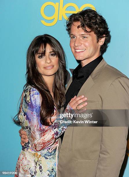 Actress Lea Michele and actor Jonathan Groff arrive at Fox's "Glee" spring premiere soiree held at Bar Marmont on April 12, 2010 in Los Angeles,...