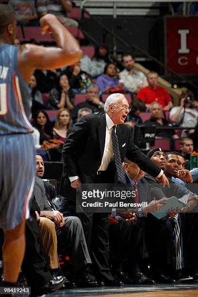Coach Larry Brown of the Charlotte Bobcats directs his team against the New Jersey Nets on April 12, 2010 during the last Nets game at The Izod...