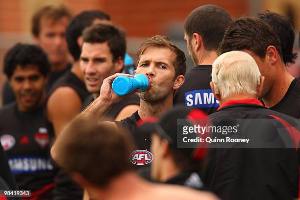 Mark McVeigh of the Bombers has a drink during the Essendon Bombers AFL training session at Windy Hill on April 13, 2010 in Melbourne, Australia.