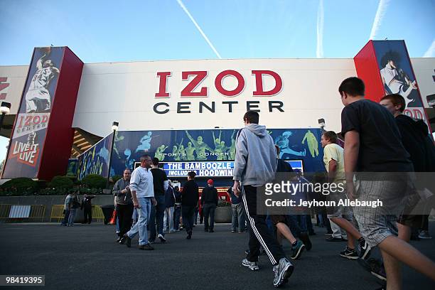 Fans filter into Izod Center for the final game New Jersey Nets game at the arena against the Charlotte Bobcats on April 12, 2010 in East Rutherford,...