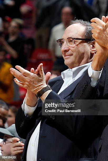 Bruce Ratner, outgoing owner of the New Jersey Nets watches as his team takes on the Charlotte Bobcats on April 12, 2010 during the last Nets game at...