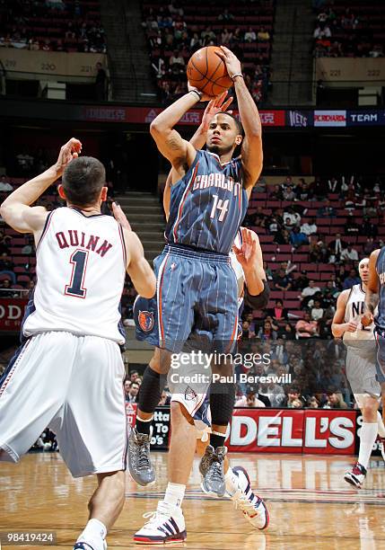 Augustin of the Charlotte Bobcats shoots against the New Jersey Nets on April 12, 2010 during the last Nets game at The Izod Center in East...