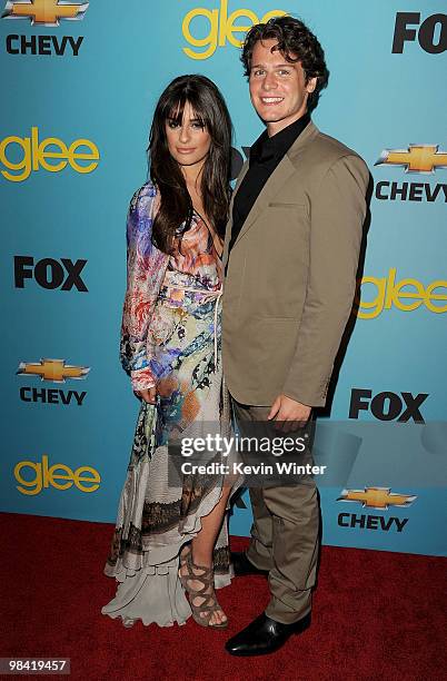 Actress Lea Michele and actor Jonathan Groff arrive at Fox's "Glee" spring premiere soiree held at Bar Marmont on April 12, 2010 in Los Angeles,...