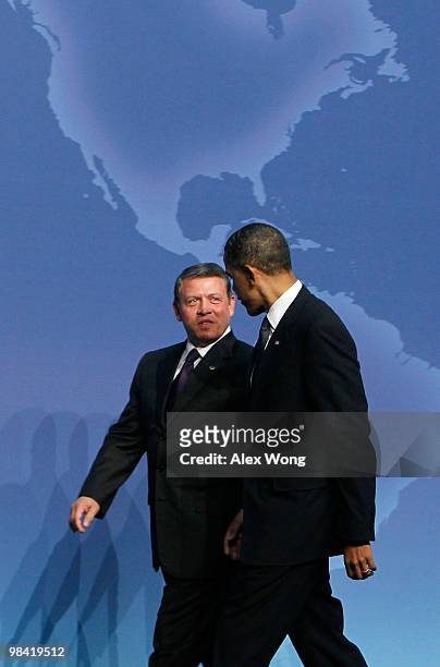 President Barack Obama walks with King Abdullah II of Jordan at the Nuclear Security Summit April 12, 2010 in Washington, DC. President Obama hosted...