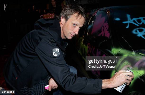 Skateboarder Tony Hawk arrives at Banksy's "Exit Through The Gift Shop" premiere at Los Angeles Theatre on April 12, 2010 in Los Angeles, California.