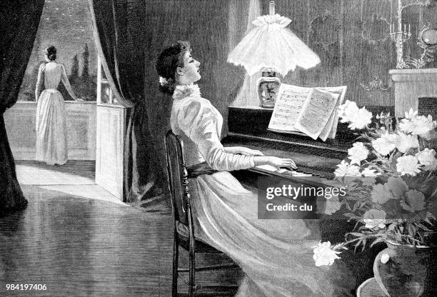 woman playing piano - piano rose stock illustrations