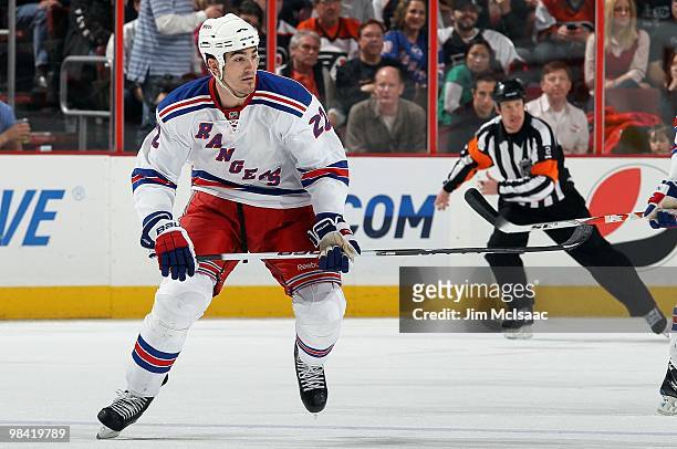 Brian Boyle of the New York Rangers skates against the Philadelphia Flyers on April 11, 2010 at Wachovia Center in Philadelphia, Pennsylvania. The...