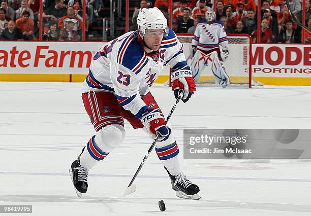 Chris Drury of the New York Rangers skates against the Philadelphia Flyers on April 11, 2010 at Wachovia Center in Philadelphia, Pennsylvania. The...