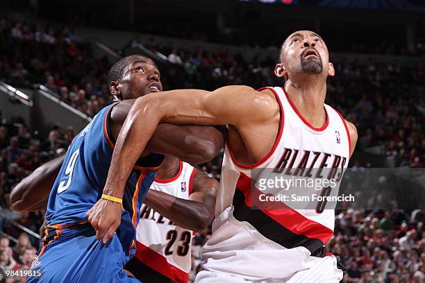 Juwan Howard of the Portland Trail Blazers fights for position against Serge Ibaka of the Oklahoma City Thunder during a game on April 12, 2010 at...