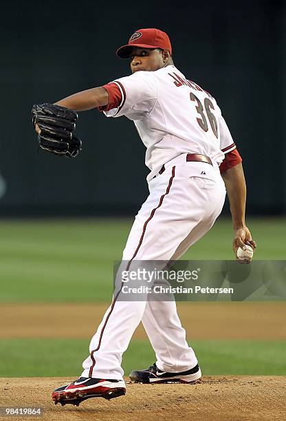 Starting pitcher Edwin Jackson of the Arizona Diamondbacks pitches against the San Diego Padres during the major league baseball game at Chase Field...