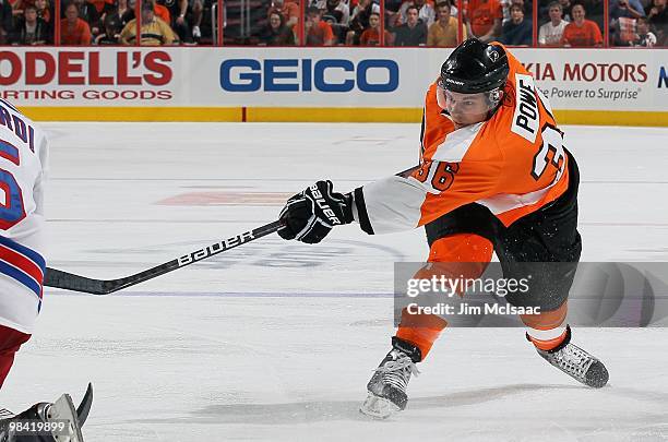 Darroll Powe of the Philadelphia Flyers skates against the New York Rangers on April 11, 2010 at Wachovia Center in Philadelphia, Pennsylvania. The...