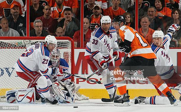 Jeff Carter of the Philadelphia Flyers skates against the New York Rangers on April 11, 2010 at Wachovia Center in Philadelphia, Pennsylvania. The...