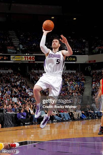 Andres Nocioni of the Sacramento Kings shoots the ball against the Houston Rockets on April 12, 2010 at ARCO Arena in Sacramento, California. NOTE TO...