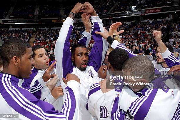 Donte Greene of the Sacramento Kings gets his teammates ready to take on the Houston Rockets on April 12, 2010 at ARCO Arena in Sacramento,...