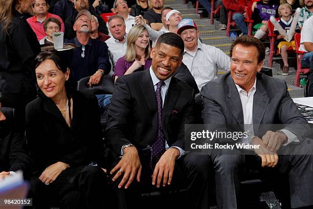 Mayor Kevin Johnson and Governor Arnold Schwarzenegger take in a Sacramento Kings-Houston Rockets game on April 12, 2010 at ARCO Arena in Sacramento,...
