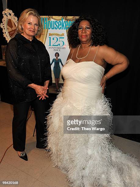 Candice Bergen and Aretha Franklin pose backstage during Good Housekeeping's "Shine On" 125 years of Women Making Their Mark at New York City Center...