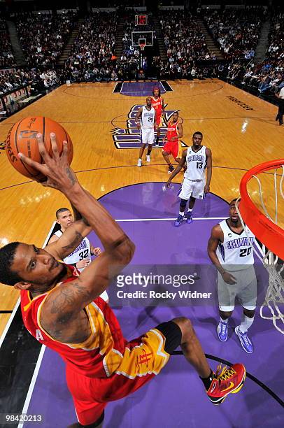 Trevor Ariza of the Houston Rockets get to the rim against the Sacramento Kings on April 12, 2010 at ARCO Arena in Sacramento, California. NOTE TO...