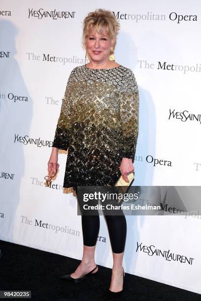 Singer/actress Bette Midler attends the Metropolitan Opera gala permiere of "Armida" at The Metropolitan Opera House on April 12, 2010 in New York...