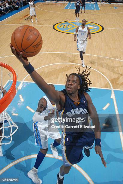 Demarre Carroll of the Memphis Grizzlies goes to the basket against the Denver Nuggets on April 12, 2010 at the Pepsi Center in Denver, Colorado....