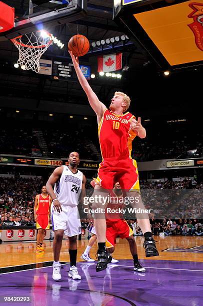 Chase Budinger of the Houston Rockets gets to the basket against the Sacramento Kings on April 12, 2010 at ARCO Arena in Sacramento, California. NOTE...