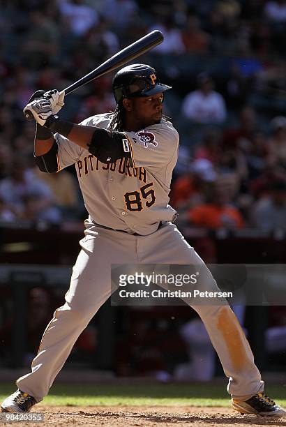 Lastings Milledge of the Pittsburgh Pirates bats against the Arizona Diamondbacks during the major league baseball game at Chase Field on April 11,...