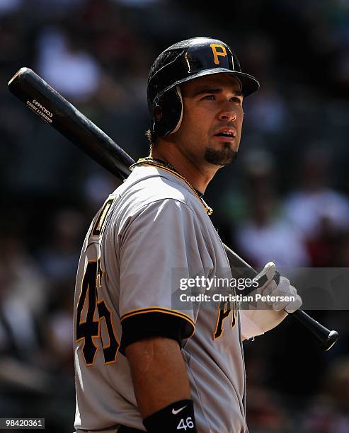 Garrett Jones of the Pittsburgh Pirates warms up on deck during the major league baseball game against the Arizona Diamondbacks at Chase Field on...