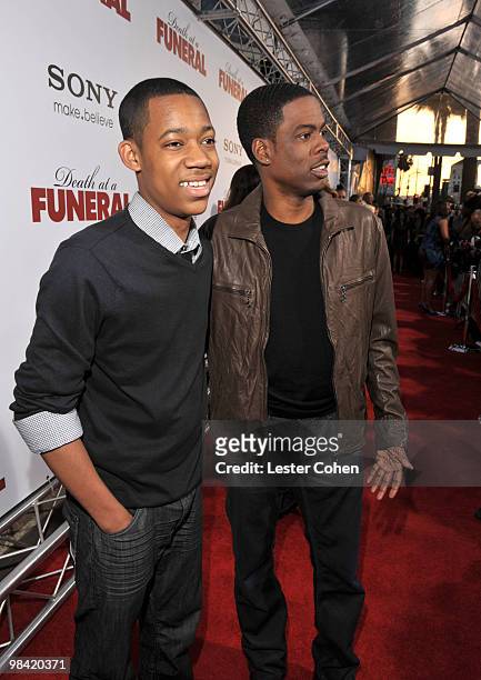 Actor Tyler James Williams and comedian Chris Rock attend the "Death At A Funeral" Los Angeles Premiere at Pacific's Cinerama Dome on April 12, 2010...