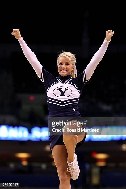 Cheerleader from the Brigham Young Cougars performs against the Kansas State Wildcats during the second round of the 2010 NCAA men's basketball...