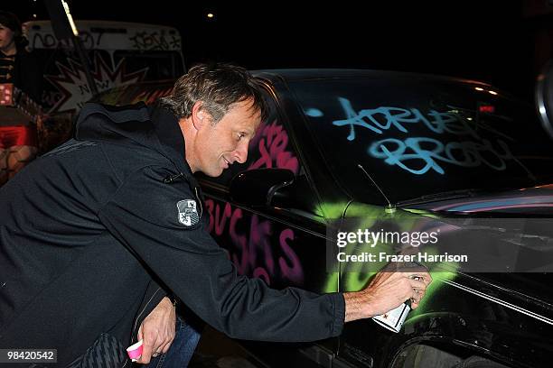 Professional skateboarder Tony Hawk arrives at Banksy's "Exit Through The Gift Shop" premiere at the Los Angeles Theater on April 12, 2010 in Los...