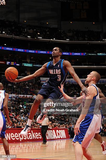 Rodrigue Beaubois of the Dallas Mavericks goes up for a shot against Steve Blake of the Los Angeles Clippers at Staples Center on April 12, 2010 in...