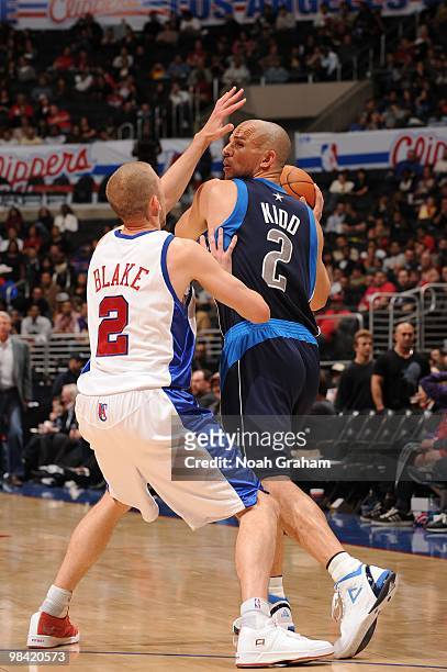 Jason Kidd of the Dallas Mavericks holds the ball against Steve Blake of the Los Angeles Clippers at Staples Center on April 12, 2010 in Los Angeles,...
