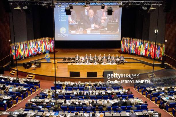 Picture taken in The Hague, on June 26, 2018 shows an overview of the opening of an extraordinary session of member-states of the Organization for...