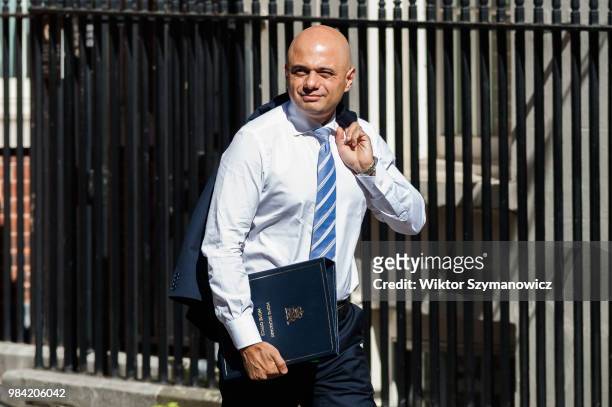 Secretary of State for the Home Department Sajid Javid arrives for a weekly cabinet meeting at 10 Downing Street in central London. June 26, 2018 in...