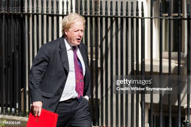 Secretary of State for Foreign and Commonwealth Affairs Boris Johnson arrives for a weekly cabinet meeting at 10 Downing Street in central London....