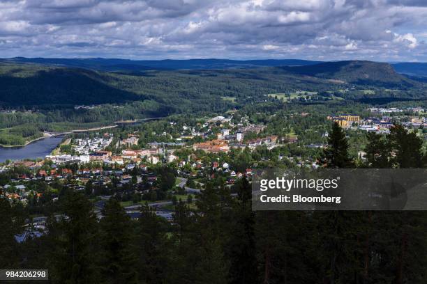 Buildings sit near the Angerman river in Solleftea, Sweden, on Monday, June 18, 2018. When the maternity hospital was closed in the Solleftea...
