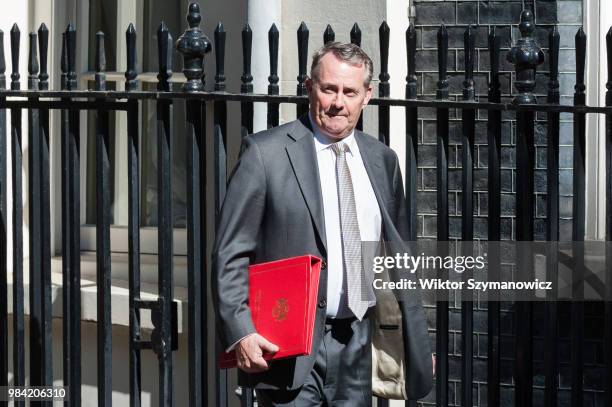 Secretary of State for International Trade and President of the Board of Trade Liam Fox arrives for a weekly cabinet meeting at 10 Downing Street in...