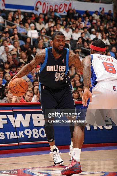 DeShawn Stevenson of the Dallas Mavericks dribbles against Bobby Brown of the Los Angeles Clippers at Staples Center on April 12, 2010 in Los...